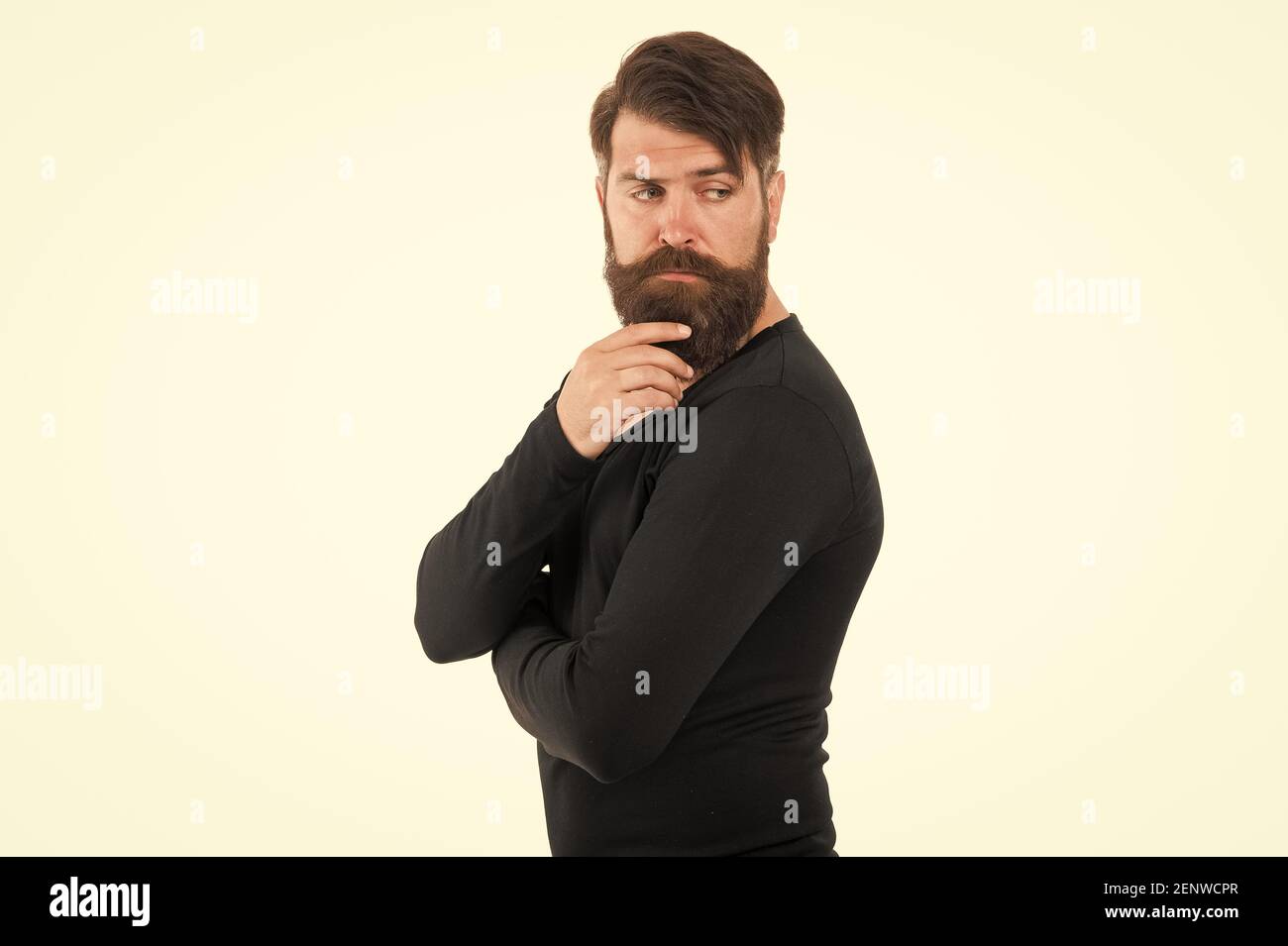 Caucasian guy beard copy space. Facial hair. Various beard styles for men.  Keep beard in perfect condition. Brutal hipster with beard hair on white  background. Bearded man stylish mustache shape Stock Photo -