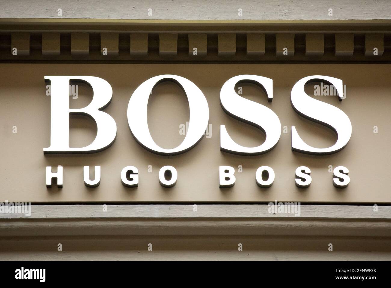 Hugo Boss logo seen in Gothenburg. Hugo Boss AG, often styled as BOSS, is a  luxury fashion house headquartered in Metzingen, Germany. (Photo by Karol  Serewis / SOPA Images/Sipa USA Stock Photo -