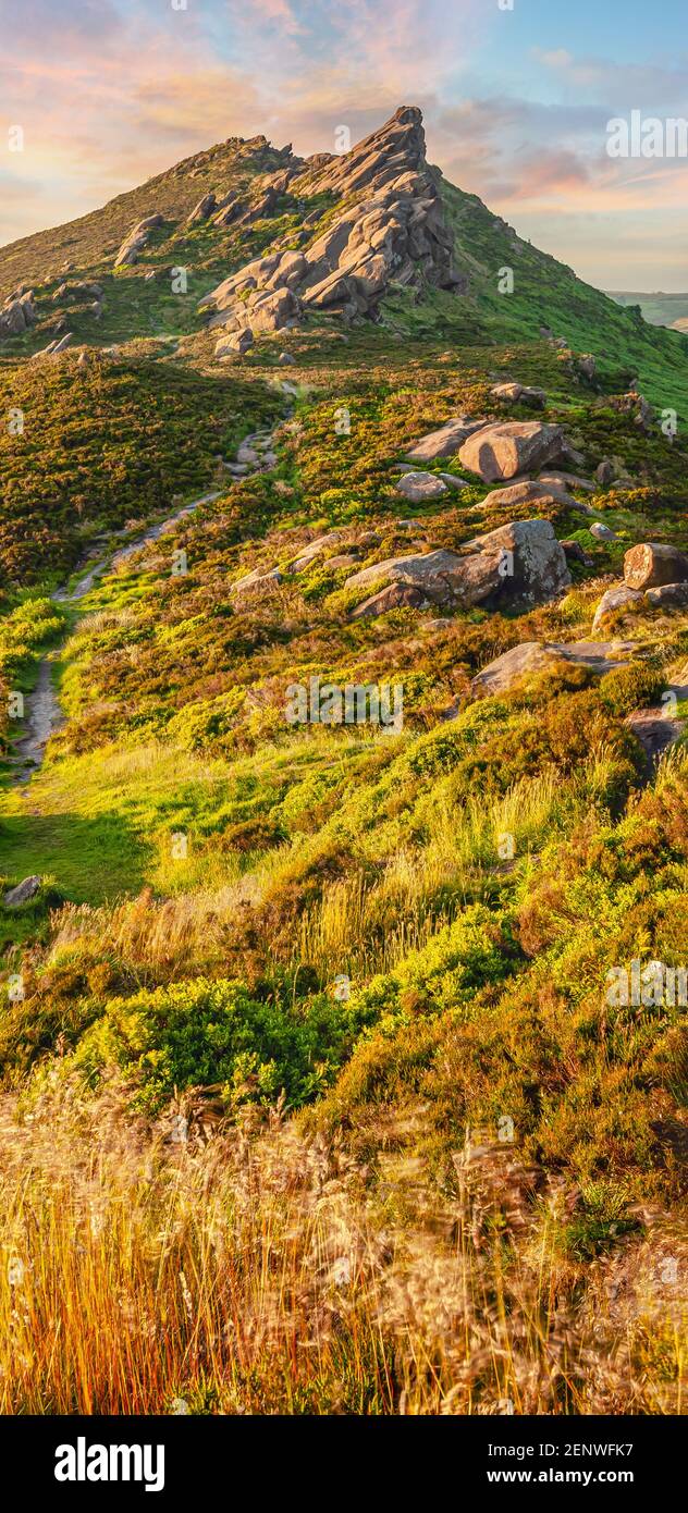 Vertical Panorama of the Ramshaw Rocks near The Roaches Rock Formation, Peak District, Staffordshire, England at sunset. Stock Photo