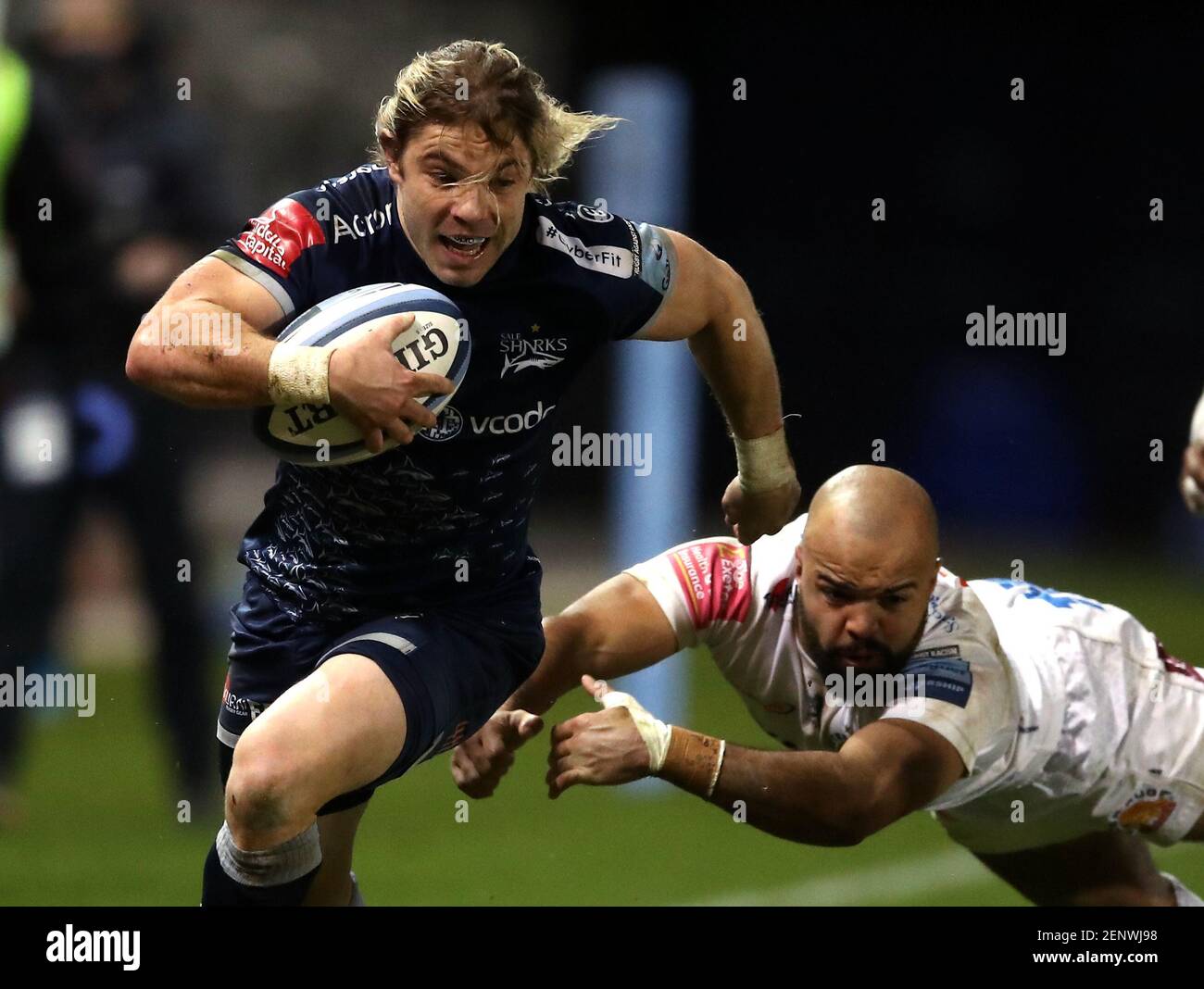Sale Sharks Faf de Klerk evades a tackle from Exeter Chiefs Tom Oâ€™Flaherty during the Gallagher Premiership match at the AJ Bell Stadium, Barton-upon-Irwell