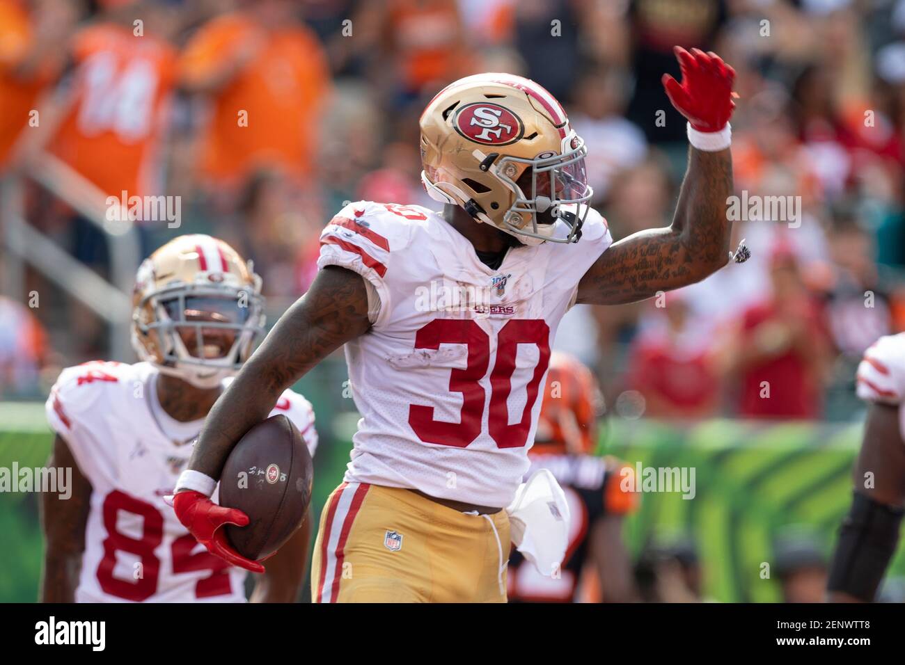 September 15, 2019: San Francisco 49ers running back Jeff Wilson Jr. (30)  celebrates during NFL football game action between the San Francisco 49ers  and the Cincinnati Bengals at Paul Brown Stadium on