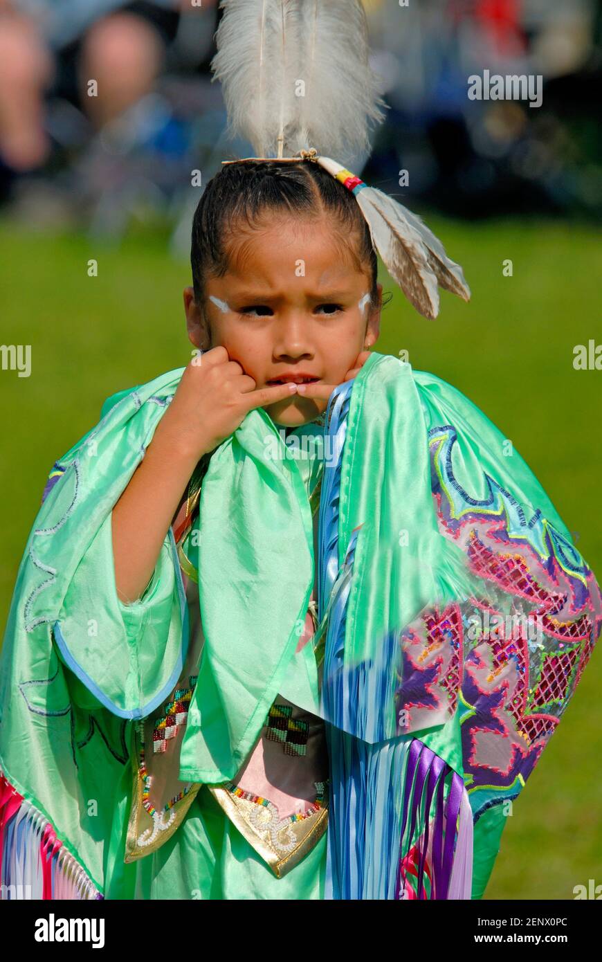 Children dance in a tribal powwow event in North America Stock Photo