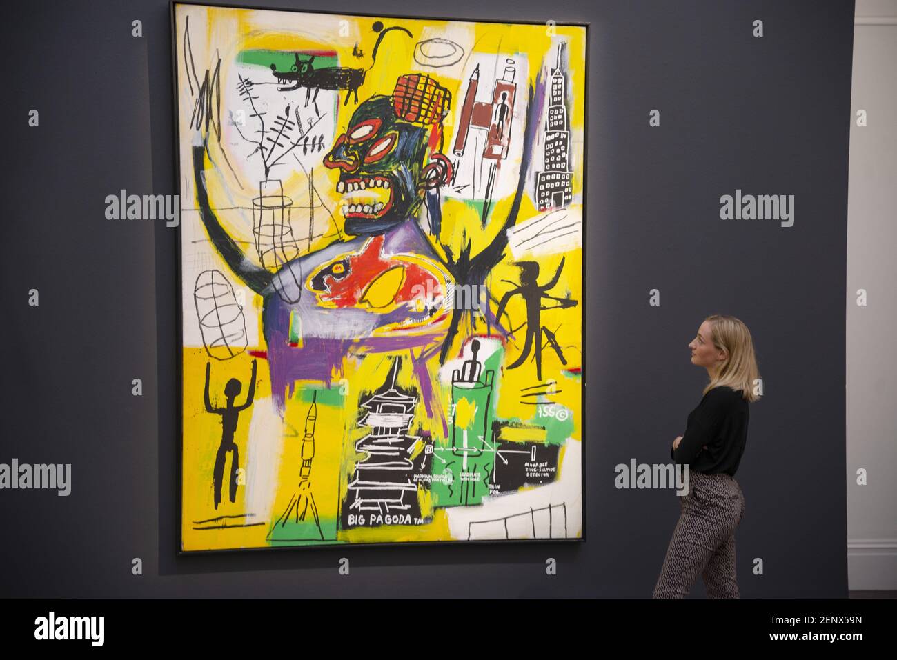 A art handler views Jean- Michel Basquiat ' Pyro ' at Sotheby's auction  house in London, UK on September, 27 2019. (Photo by Claire Doherty/Sipa  USA Stock Photo - Alamy