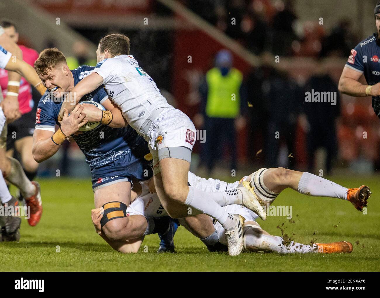 26th February 2021; AJ Bell Stadium, Salford, Lancashire, England; English Premiership Rugby, Sale Sharks versus Exeter Chiefs; Cobus Weise of Sale Sharks is tackled Stock Photo