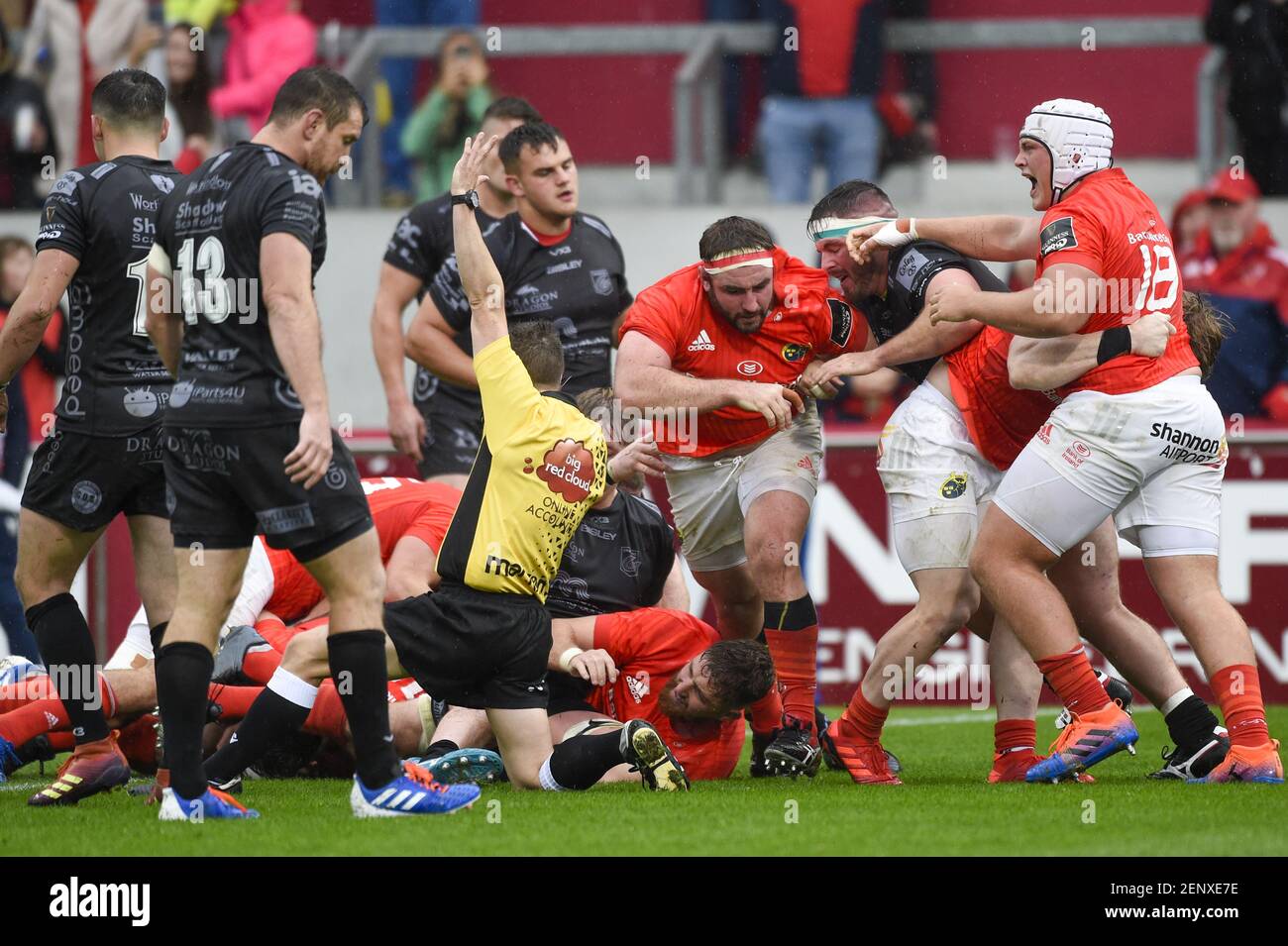 Diarmuid Barron of Munster scores a try during the Guinness PRO14 match between Munster Rugby and