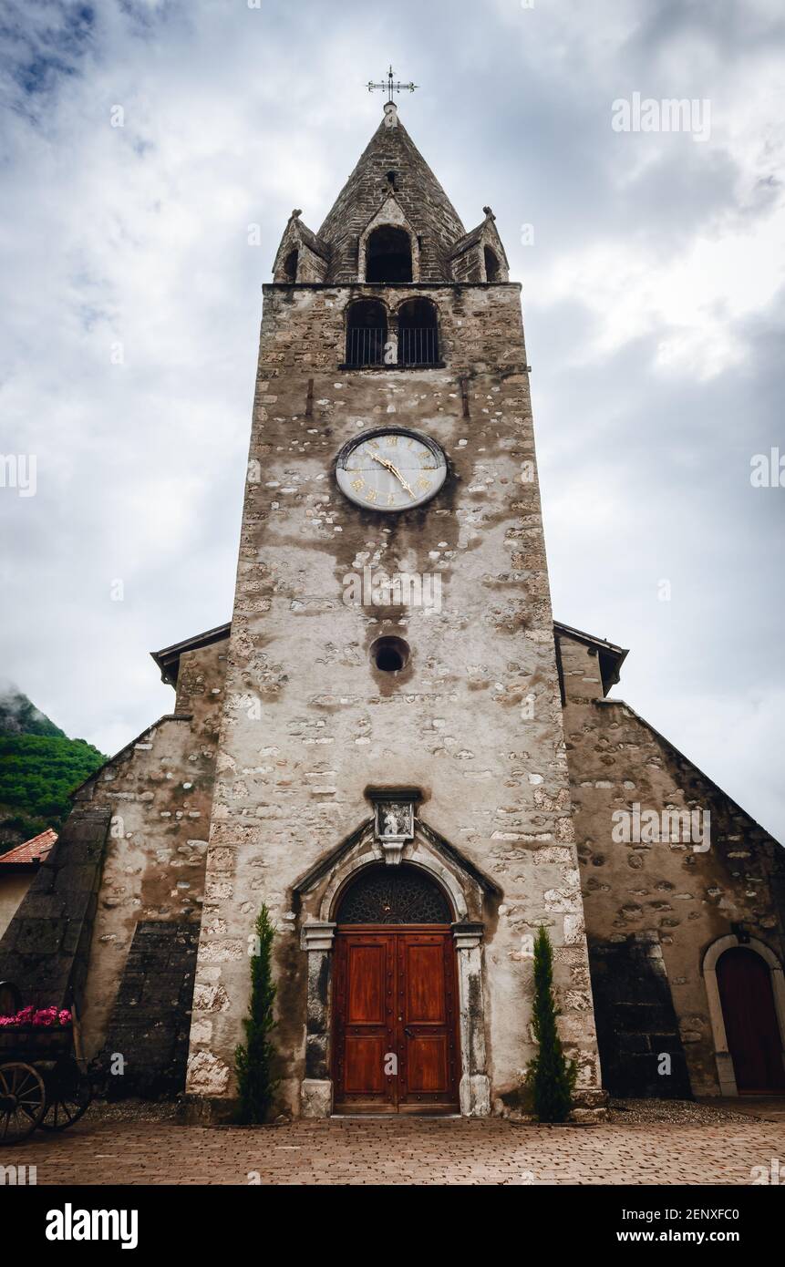 Exterior view of the Eglise du Cloitre, ancient medieval gothic church near the castle of Aigle, small winemaking village in the Vaud region of the sw Stock Photo