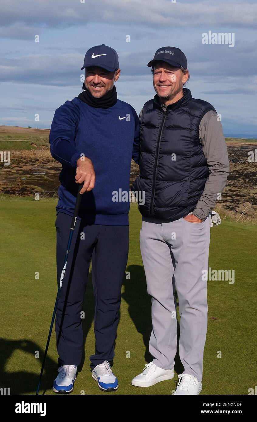 KINGSBARNS, SCOTLAND. 28 SEPTEMBER 2019: Trevor Immelman of South Africa and actor Kinnear during round three of the Alfred Dunhill Links Championship, European Tour Golf Tournament at Kingsbarns, Scotland(Photo by ESPA/Cal