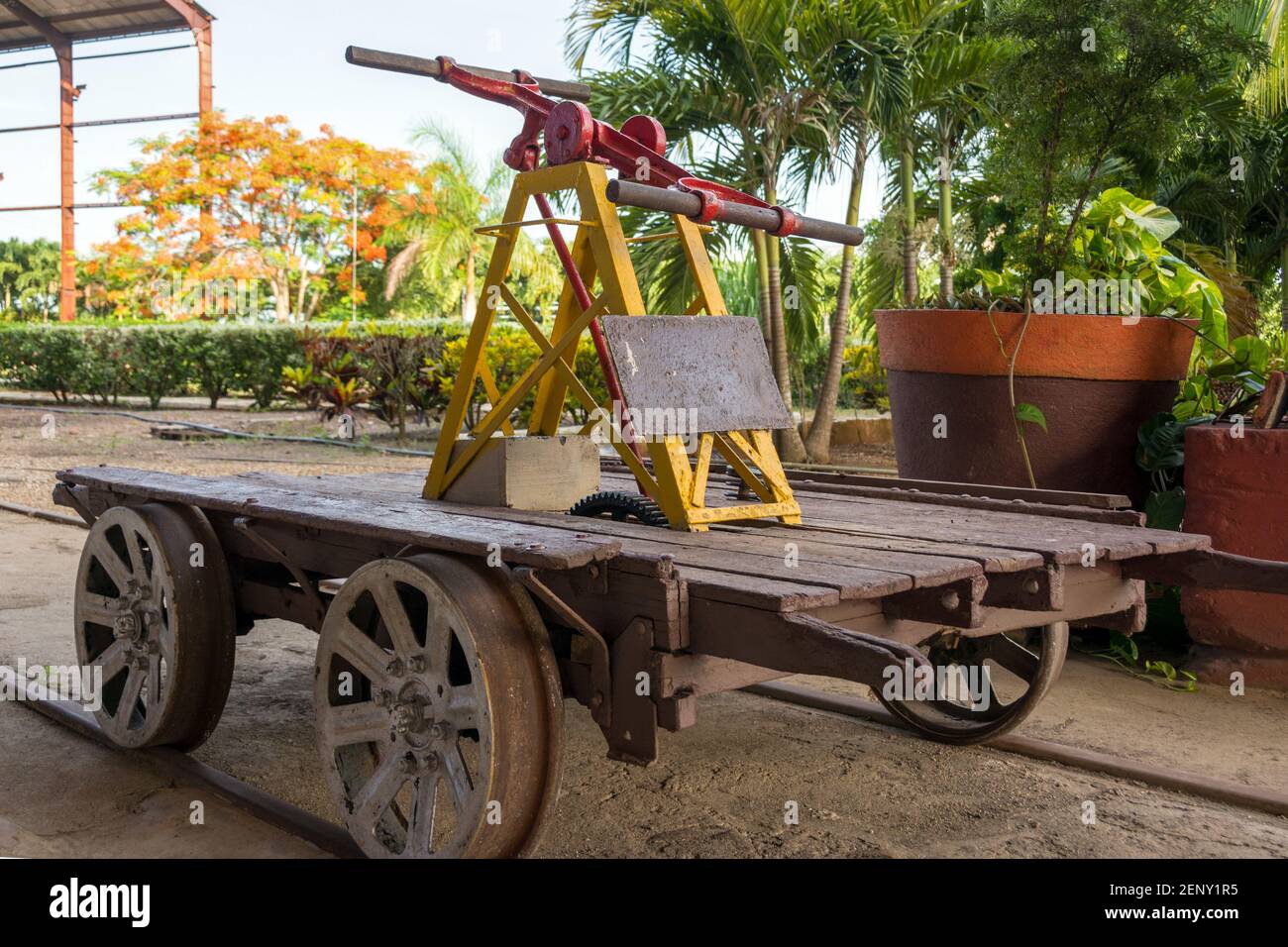 A small railroad employee car  a vintage Cuban sugar mill conserved as a tourist attraction, the place shows a historic timeline of the sugar industry i Stock Photo