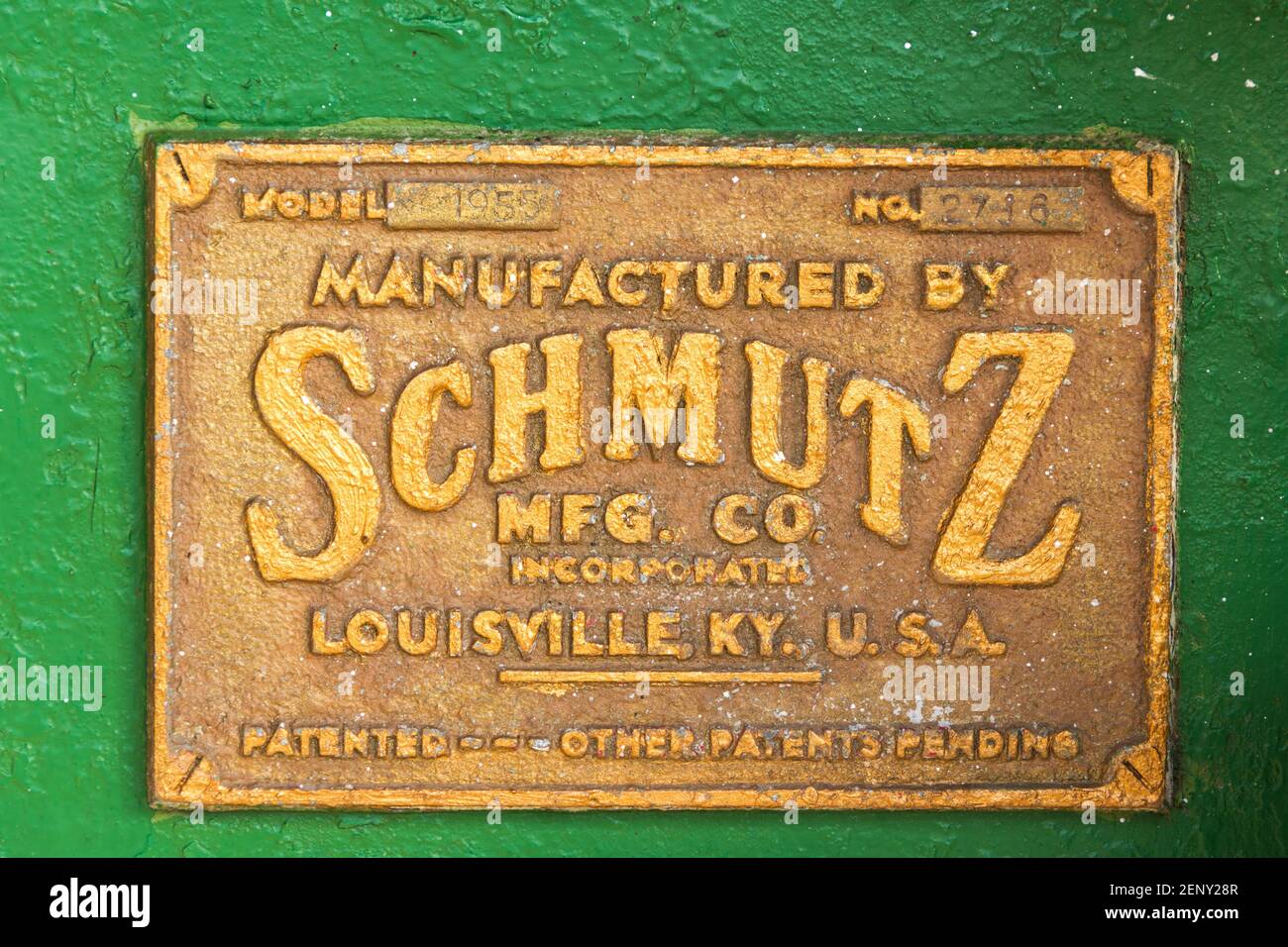 Seal of a Schmutz vintage machinery used in  a vintage Cuban sugar mill conserved as a tourist attraction, the place shows a historic timeline of the Stock Photo