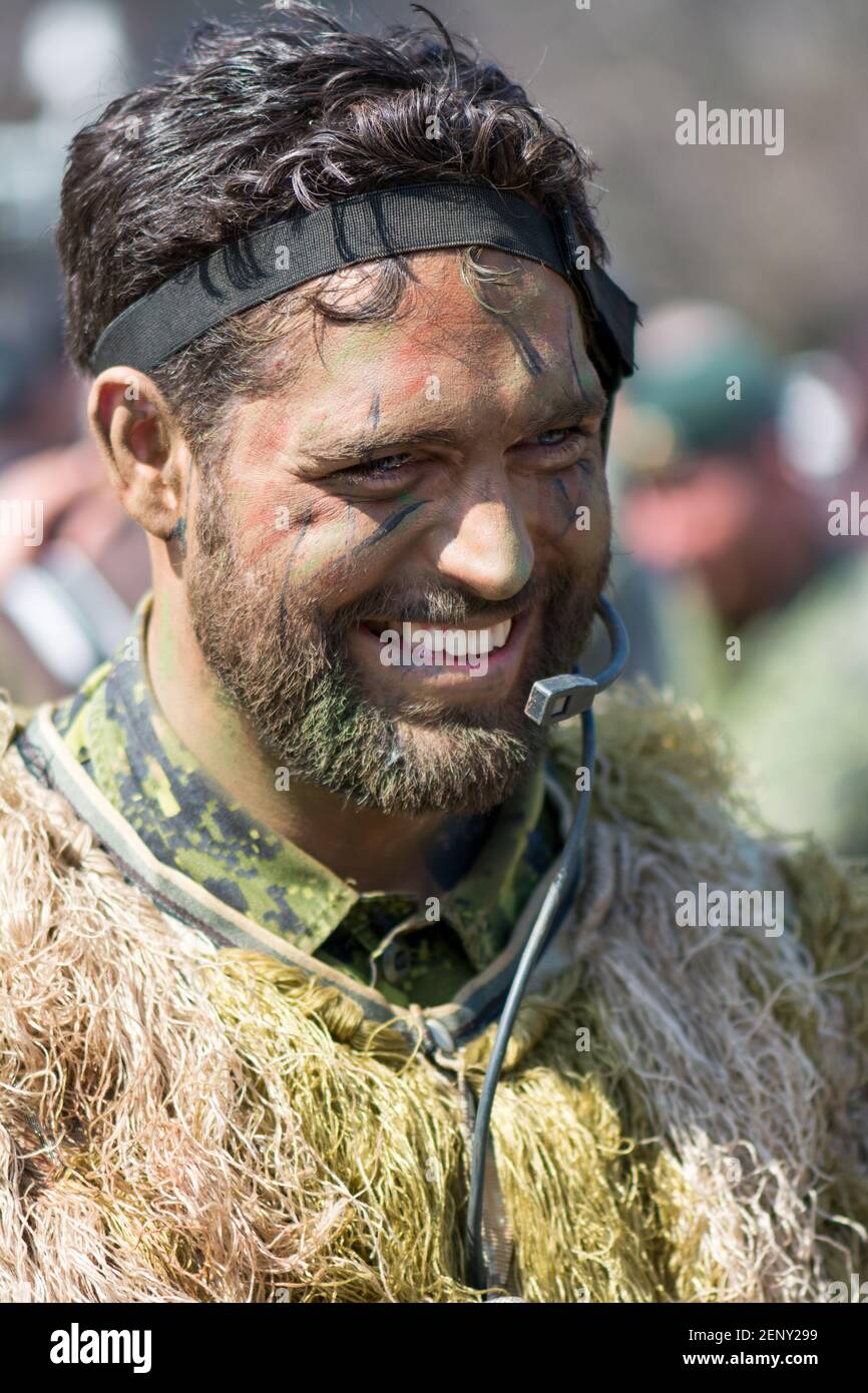 Canadian Special Forces soldier, happy soldier from the special forces unit in a camouflage suit during the 200th Anniversary of the Battle of York Stock Photo