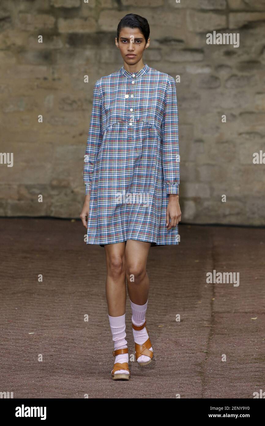 Model Pooja Mor walking on the runway during the A.P.C. Ready to Wear ...