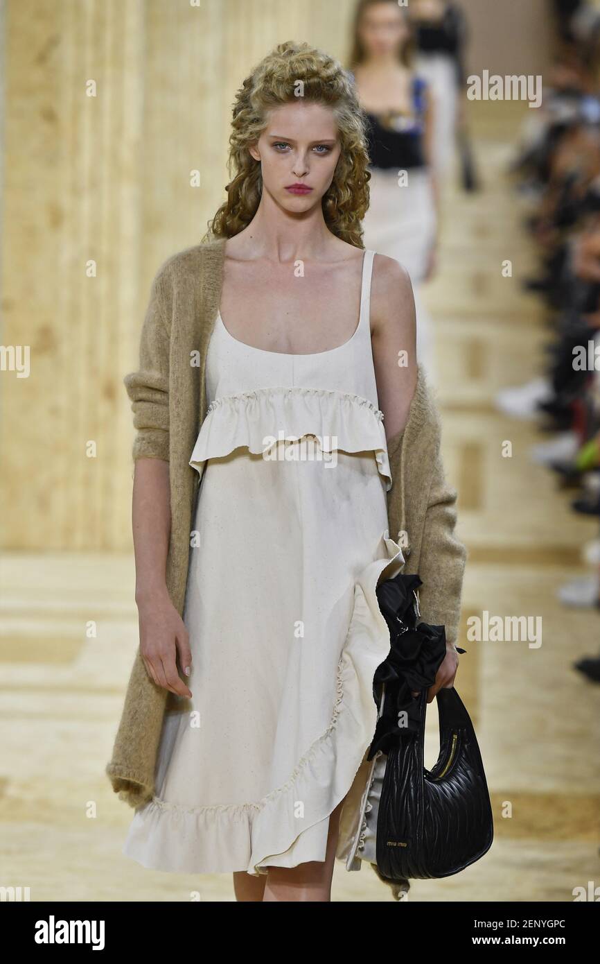 Model Abby Champion walking on the runway during the Miu Miu Ready to Wear  Spring/Summer 2020 show part of Paris Fashion Week on October 1, 2019 in  Paris, France. (Photo by Jonas