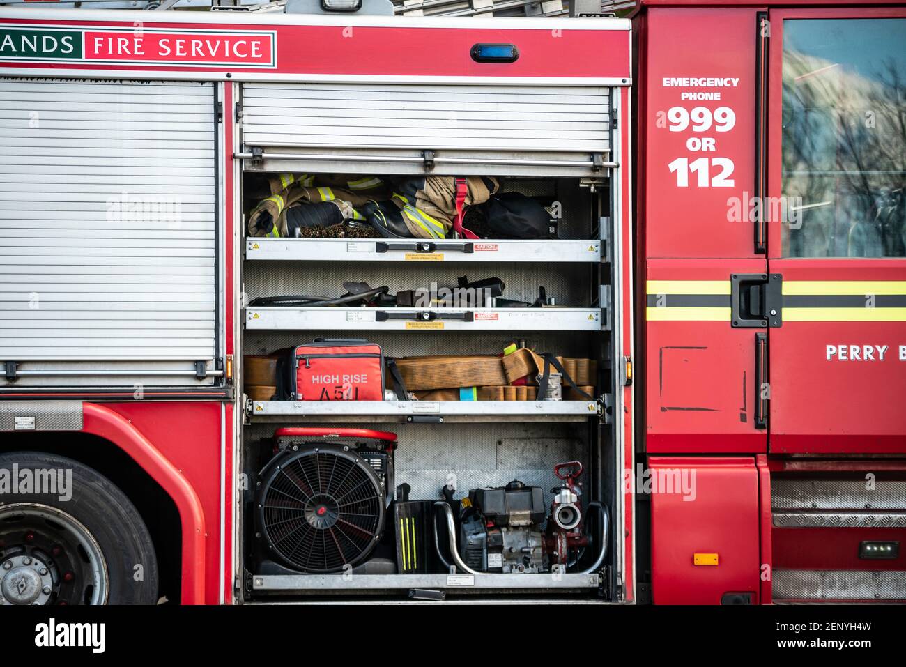 Fire engine equipment locker, UK Stock Photo