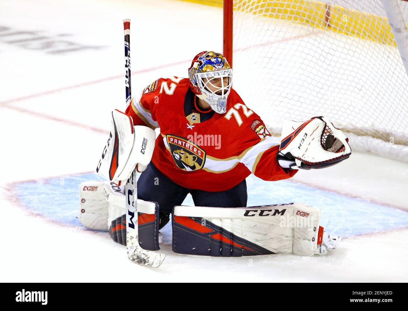 Florida Panthers goalie Sergei Bobrovsky during warmups before a preseason game against the Tampa Bay Lightning at the BB&T Center in Sunrise, Fla., on September 24, 2019. (David Santiago/Miami Herald/TNS) Stock Photo