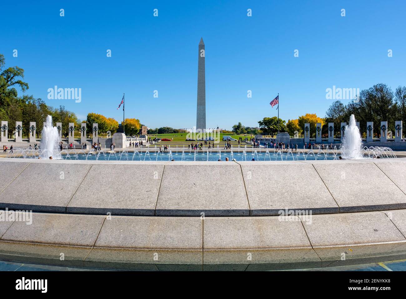 World War II Memorial water fountain, Washington Monument obelisk on background, National Mall, Washington D.C., USA Stock Photo