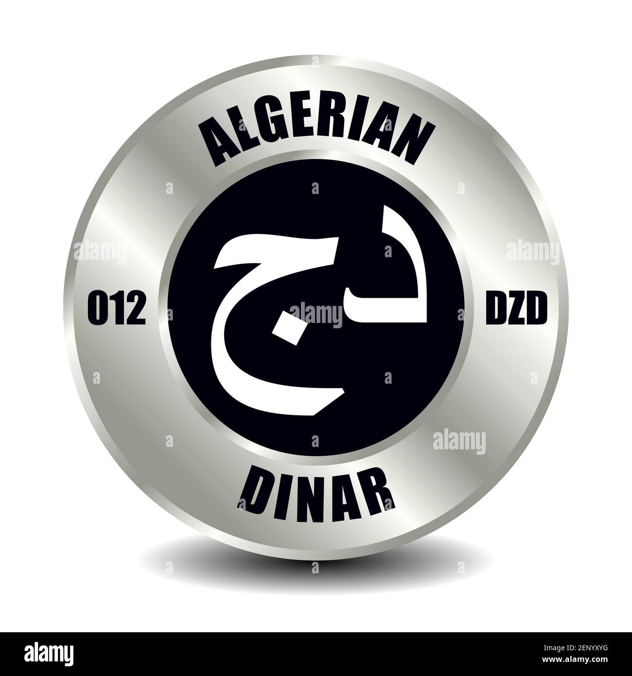 Algeria money icon isolated on round silver coin. Vector sign of currency symbol with international ISO code and abbreviation Stock Vector