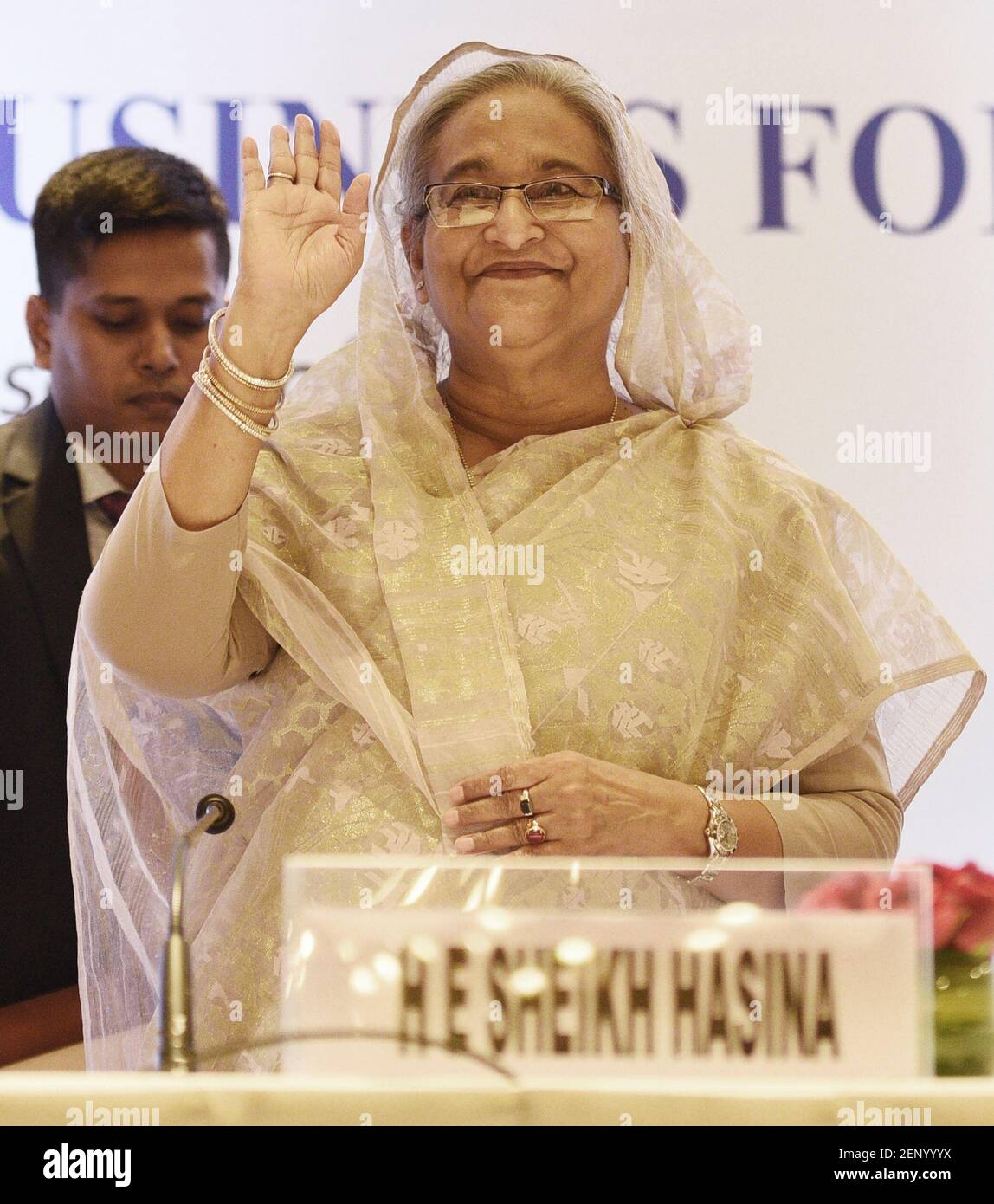 NEW DELHI, INDIA - OCTOBER 4: Bangladesh Prime Minister Sheikh Hasina  gestures during an India -Bangladesh Business Forum meeting, at Hotel ITC  Maurya on October 4, 2019 in New Delhi, India. (Photo