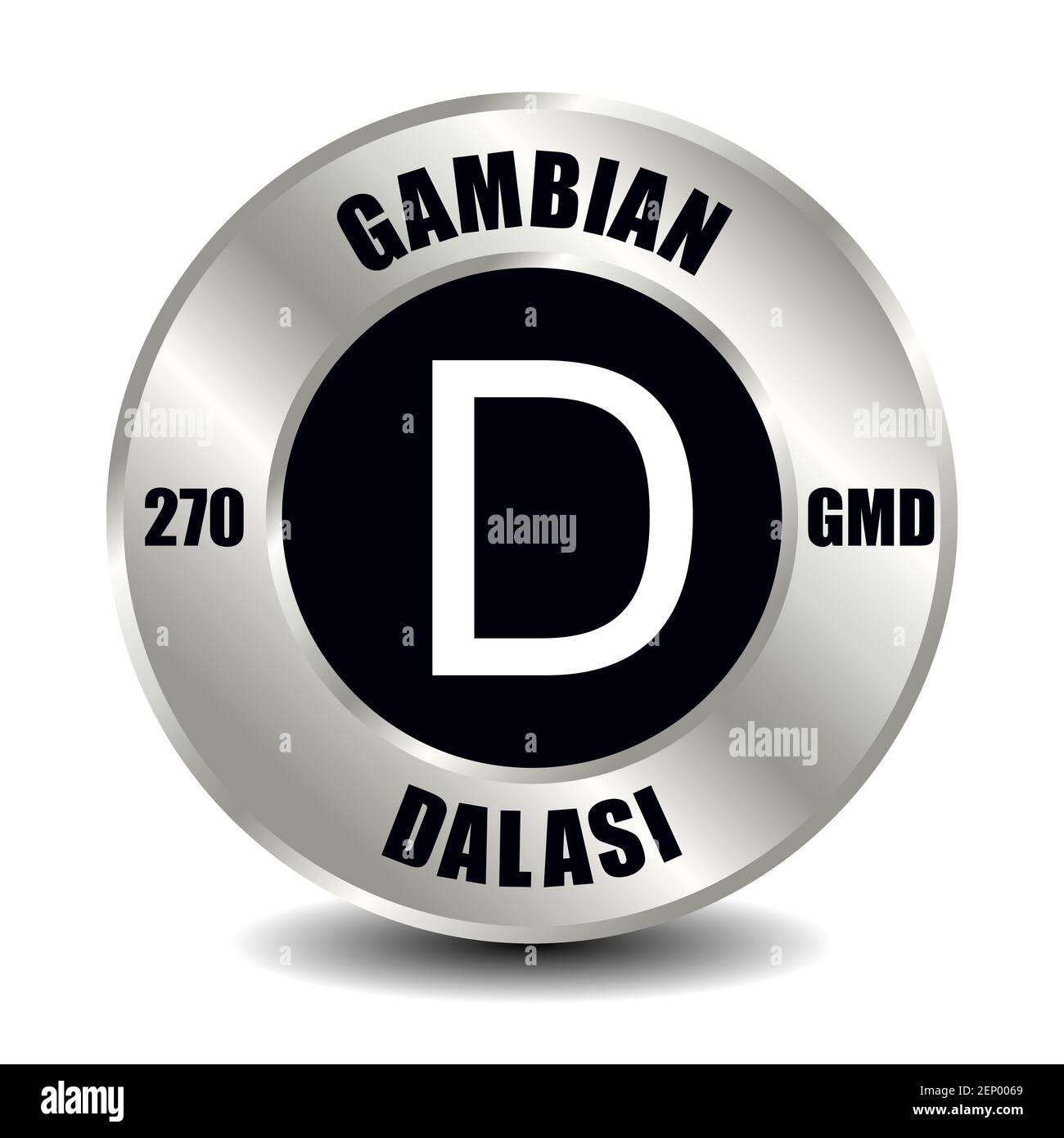 Gambia money icon isolated on round silver coin. Vector sign of currency symbol with international ISO code and abbreviation Stock Vector