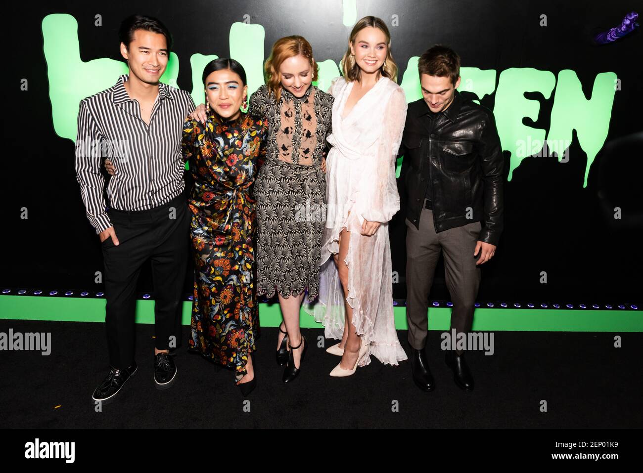 L-R) The cast of "Light as Feather", Jordan Rodrigues, Brianne Tju, Haley Ramm, Liana Liberto, and Dylan Sprayberry, attend Hulu's "Huluween" kick-off celebration to Halloween during New York Comic Con at