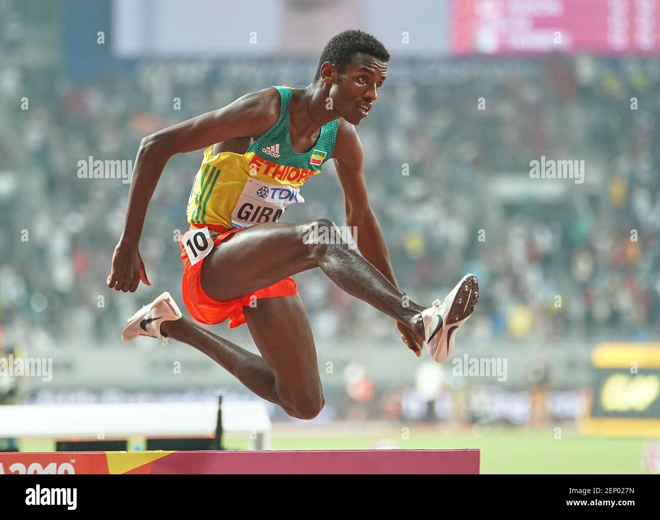 Lamecha Girma of Ethiopia in the 3000 meter steeple chase for men