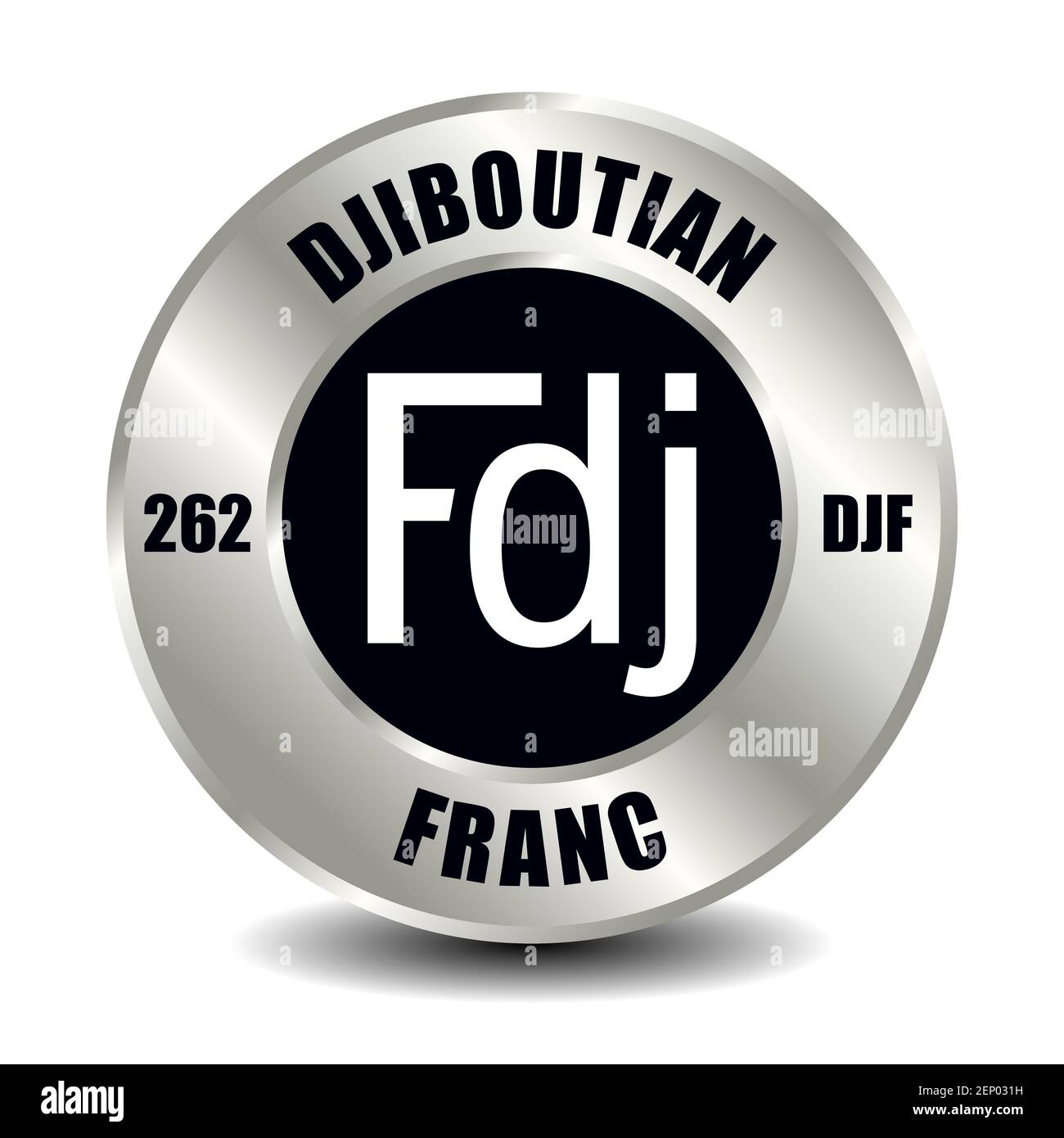 Djibouti money icon isolated on round silver coin. Vector sign of currency symbol with international ISO code and abbreviation Stock Vector