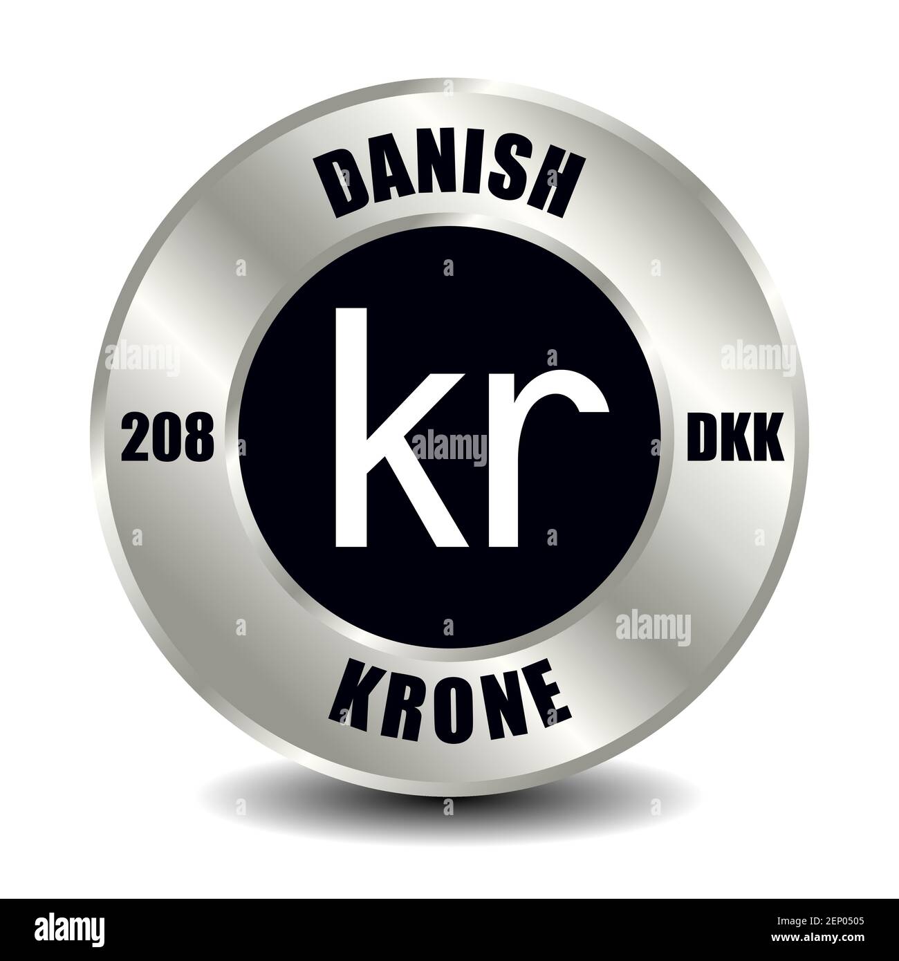 Denmark money icon isolated on round silver coin. Vector sign of currency symbol with international ISO code and abbreviation Stock Vector