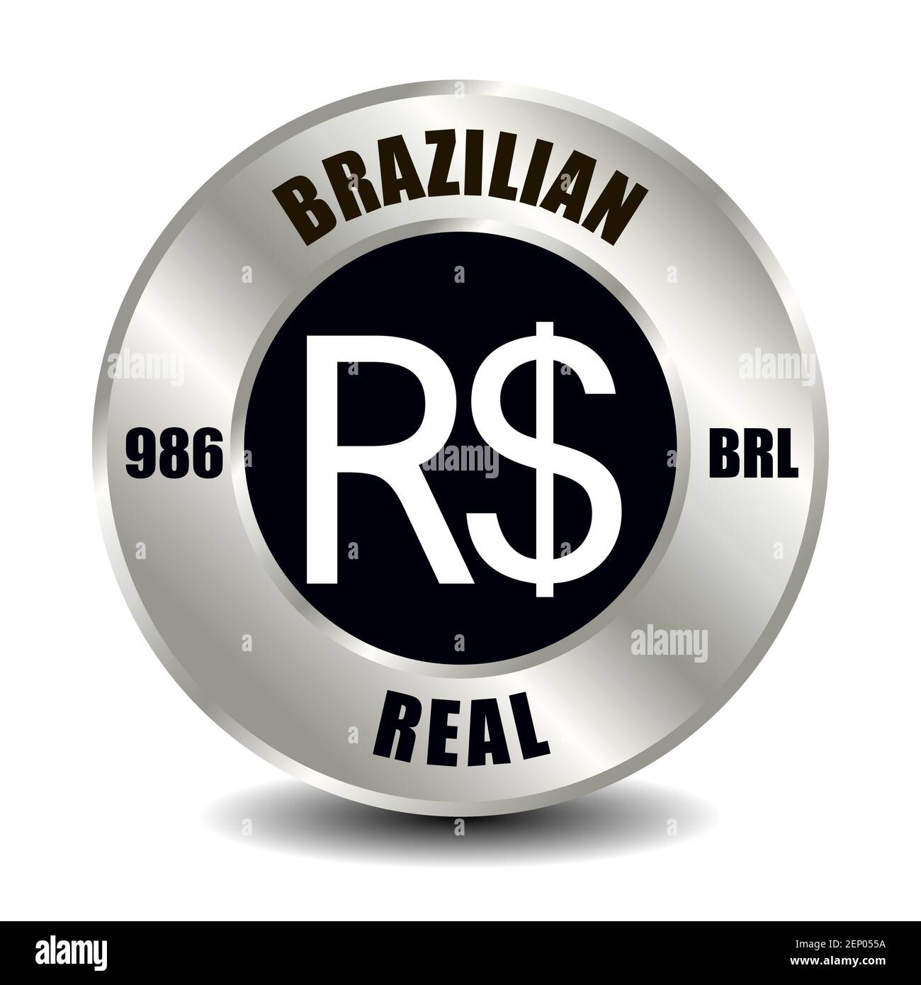 Brazil money icon isolated on round silver coin. Vector sign of currency symbol with international ISO code and abbreviation Stock Vector