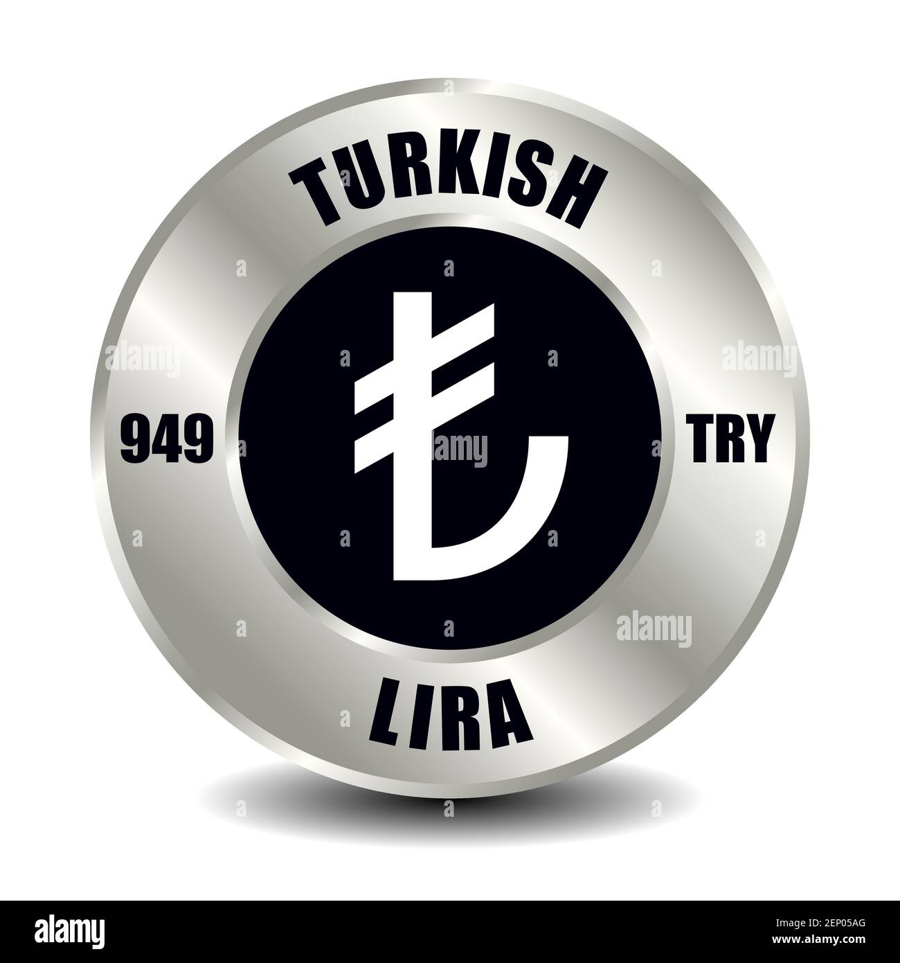 Turkey money icon isolated on round silver coin. Vector sign of currency symbol with international ISO code and abbreviation Stock Vector