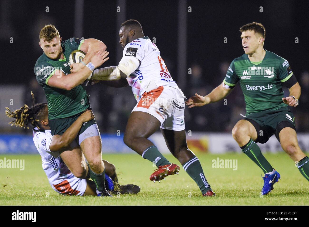Peter Robb of Connacht tackled by Cherif Traore of Benetton during the  Guinness PRO14 match between Connacht Rugby and Benetton Rugby at the  Sportsground in Galway, Ireland on October 5, 2019 (Photo