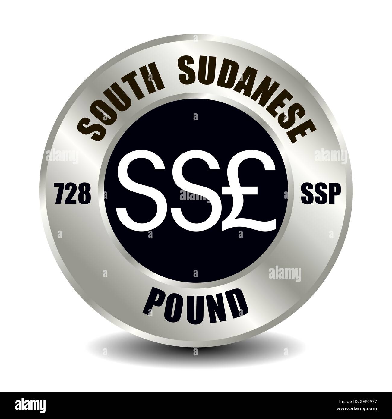 South Sudan money icon isolated on round silver coin. Vector sign of currency symbol with international ISO code and abbreviation Stock Vector