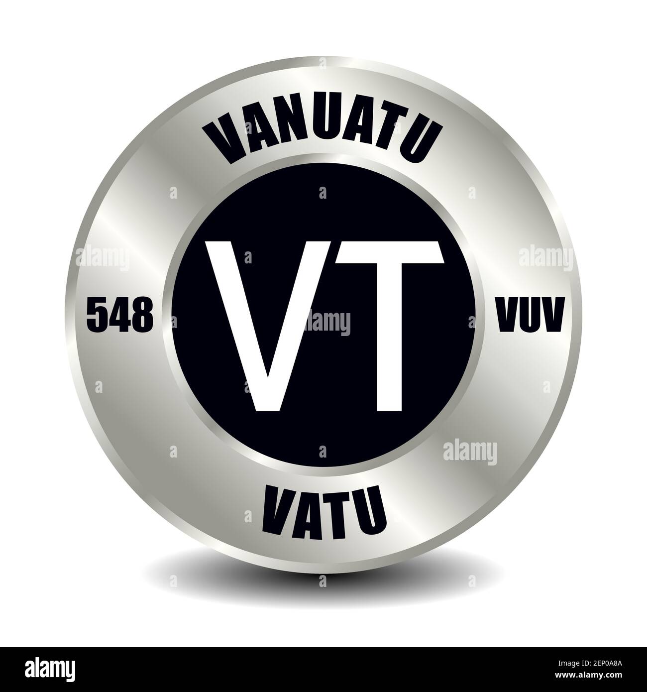 Vanuatu money icon isolated on round silver coin. Vector sign of currency symbol with international ISO code and abbreviation Stock Vector