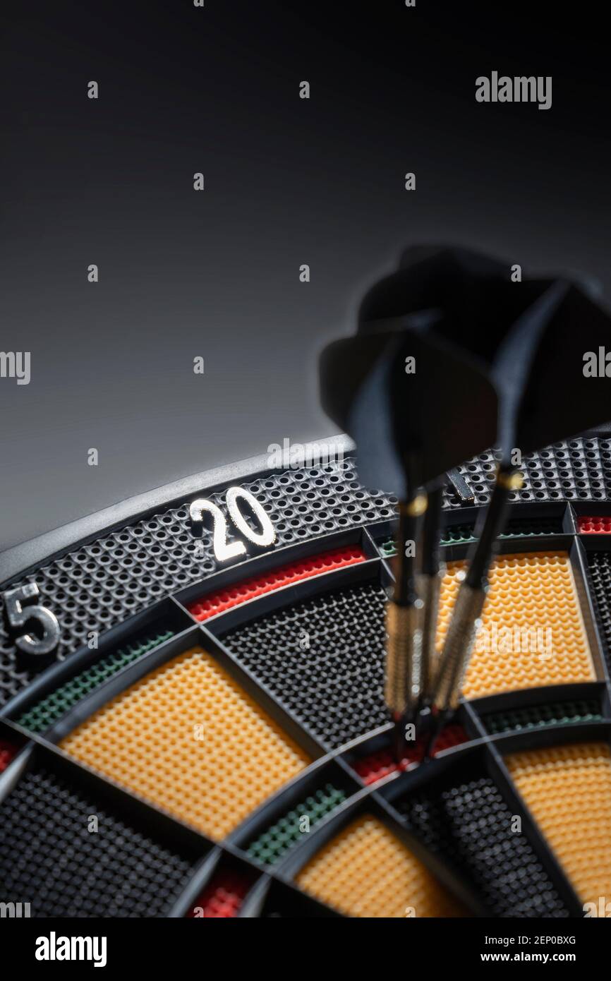 Close Up Of Three Darts In Triple Of Dartboard Ton 80 Black Darts Stock Photo Alamy