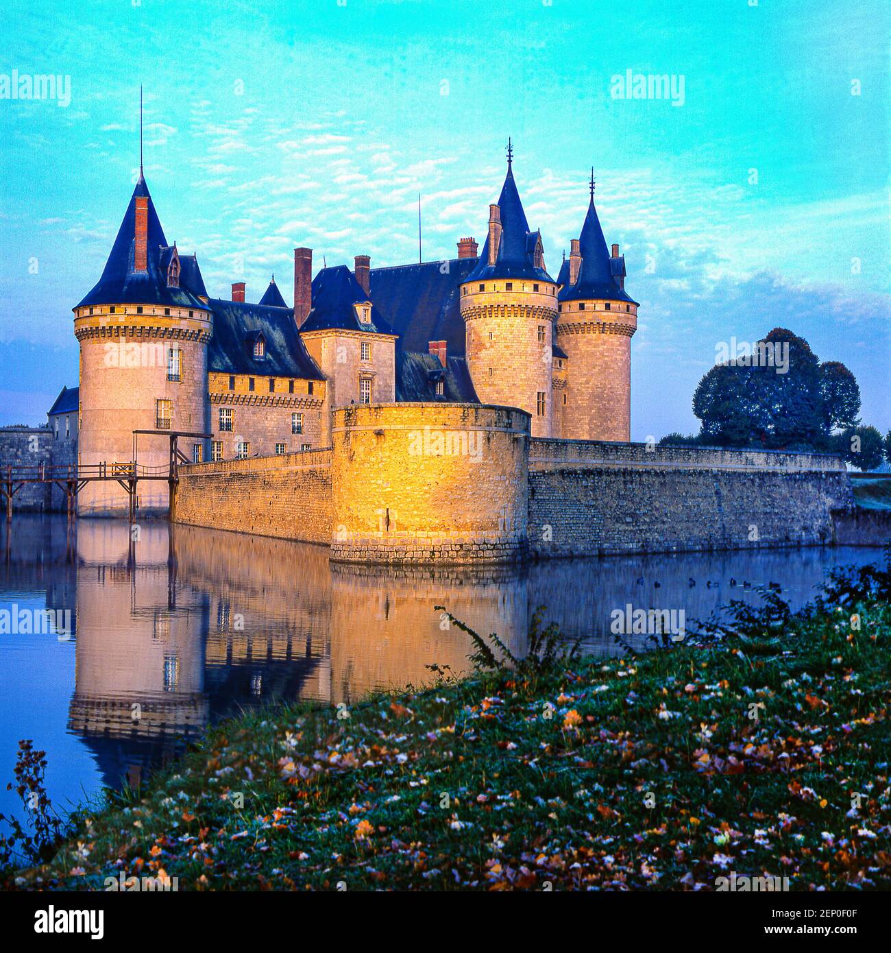 Château Sully-Sur-Loire at Sunrise - a 14th century castle on the Sange River in the Loiret region in France Stock Photo
