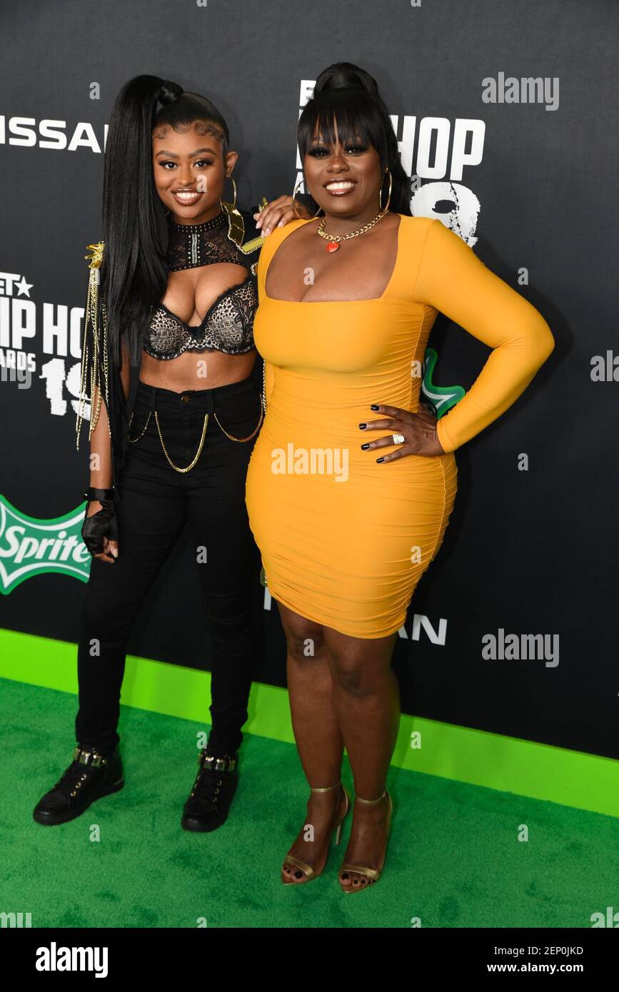 RnB Artist Tamika Scott (Xscape) and Daughter Rapper Young Niyah on the  Carpet for BET 2019 Hip Hop Awards in Atlanta, GA on October 5, 2019.  (Photo by Michael Ware/Sipa USA Stock, image size:867x1390