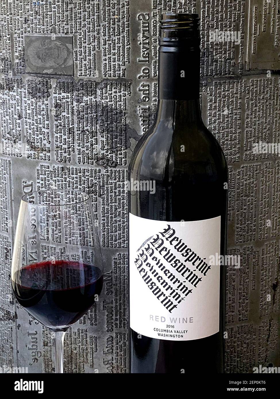 Newsprint red blend from Guardian Cellars in Woodinville, Wash. on Wednesday, Sept. 18, 2019 in Akron, Ohio. (Phil Masturzo/Akron Beacon Journal/TNS) Stock Photo