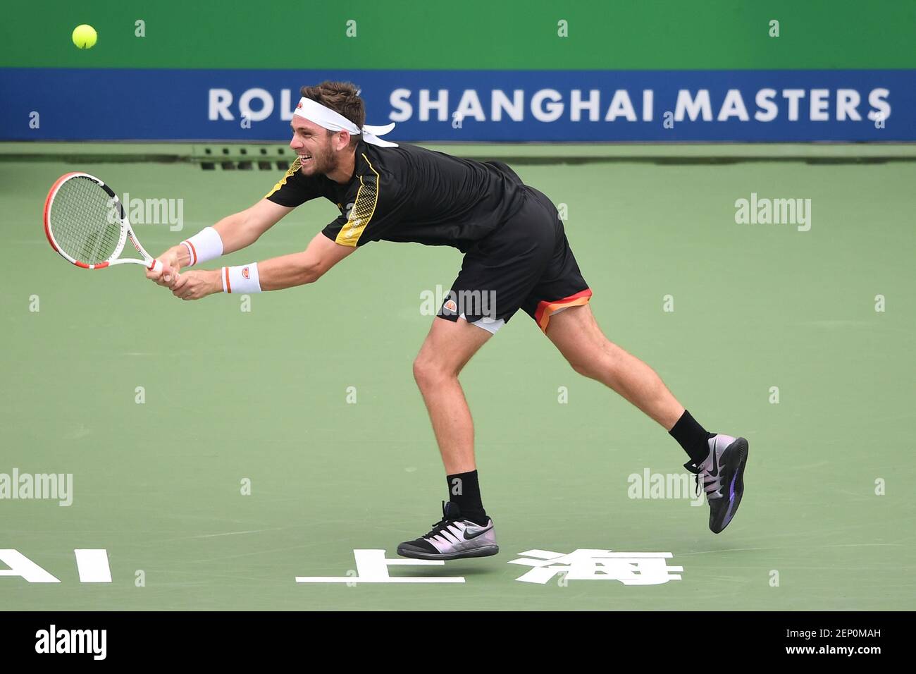 British professional tennis player Cameron Norrie competes against French  professional tennis player Gilles Simon during the first round of 2019  Rolex Shanghai Masters, in Shanghai, China, 7 October 2019. British  professional tennis