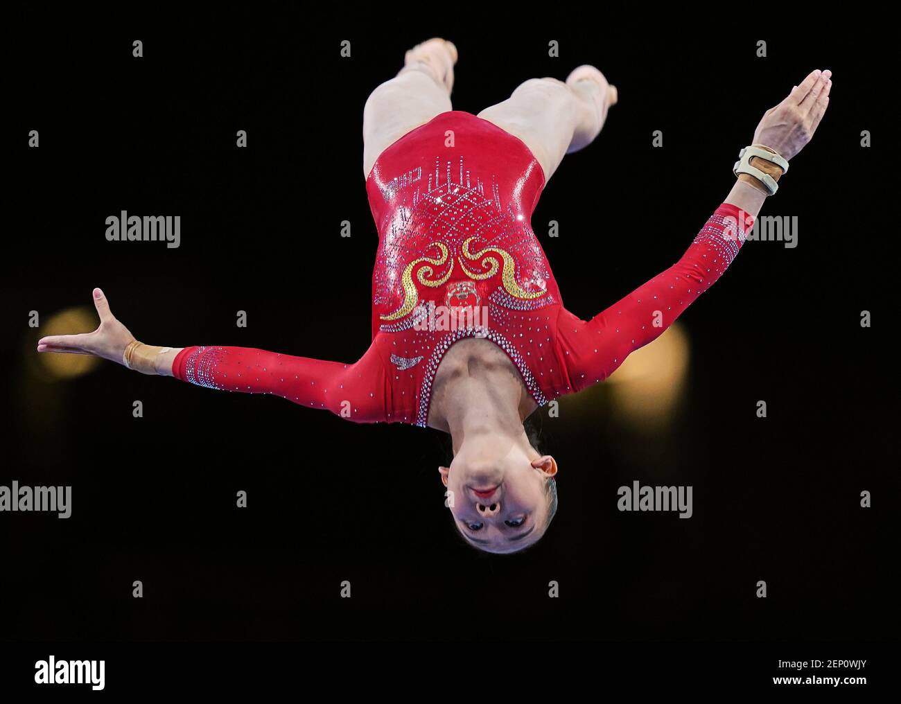 October 8, 2019: Yile Chen of China competing in uneven bars for women ...