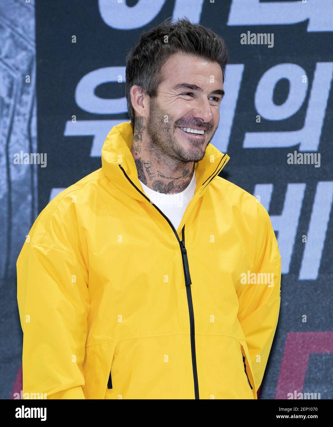 earphone Moans talent English footballer David Beckham attend a photocall for the sportswear  brand Adidas 70th Anniversary Event at Time Square in Seoul, South Korea on  October 9, 2019. (Photo by Lee Young-ho/Sipa USA Stock