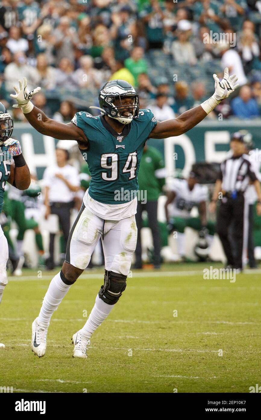 October 6, 2019: Philadelphia Eagles defensive end Josh Sweat (94) reacts  to his sack during the NFL game between the New York Jets and the Philadelphia  Eagles at Lincoln Financial Field in