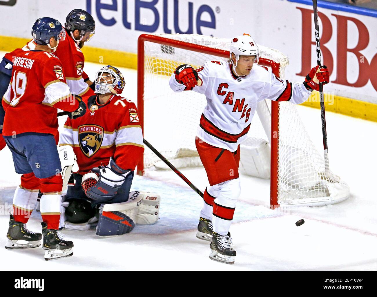 Florida Panthers goalie Sergei Bobrovsky (72) reacts as Carolina Hurricanes center Ryan Dzingel (18) celebrates after scoring a power play goal during the first period of an NHL hockey game at the BB&T Center Tuesday, Oct. 8, 2019 in Sunrise, Fla. (Photo by David Santiago/Miami Herald/TNS/Sipa USA) Stock Photo