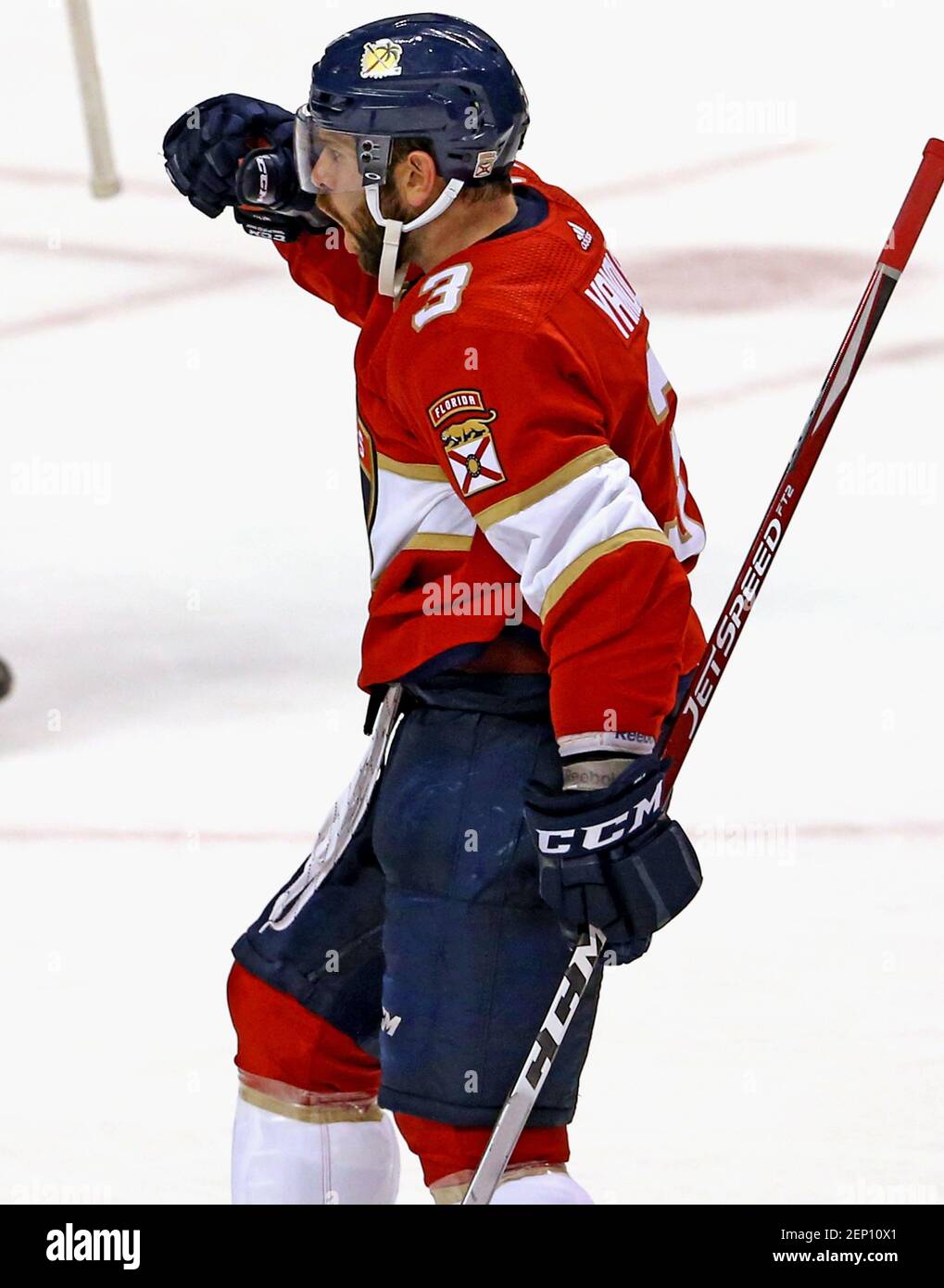 Florida Panthers defenseman Keith Yandle (3) reacts after scoring during the third period of an NHL hockey game against the Carolina Hurricanes at the BB&T Center Tuesday, Oct. 8, 2019 in Sunrise, Fla. (Photo by David Santiago/Miami Herald/TNS/Sipa USA) Stock Photo