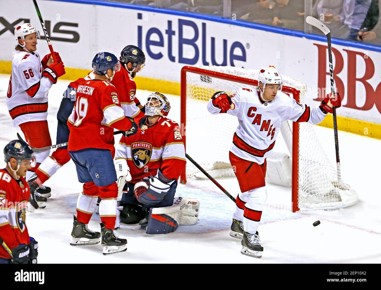 Florida Panthers goalie Sergei Bobrovsky (72) reacts as Carolina Hurricanes center Ryan Dzingel (18) celebrate after scoring a power play goal during the first period of an NHL hockey game at the BB&T Center Tuesday, Oct. 8, 2019 in Sunrise, Fla. (Photo by David Santiago/Miami Herald/TNS/Sipa USA) Stock Photo