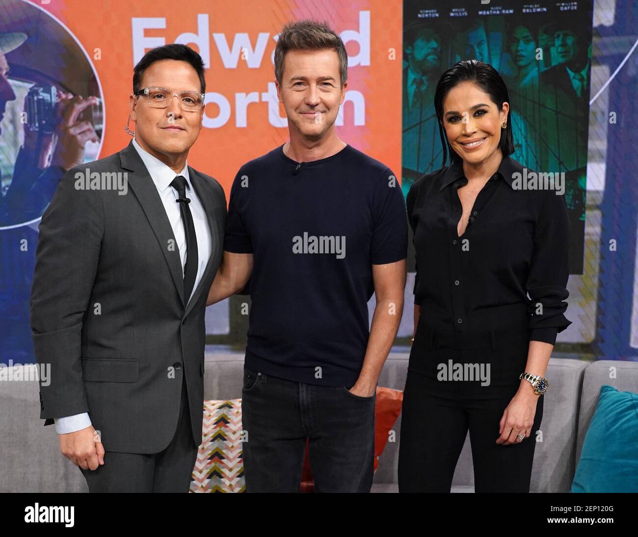 MIAMI, FL - OCTOBER 9: Raul Gonzalez, Actor Edward Norton and Karla  Martinez are seen on the set of "Despierta America" at Univision Studios to  promote the film "Motherless Brooklyn" on October