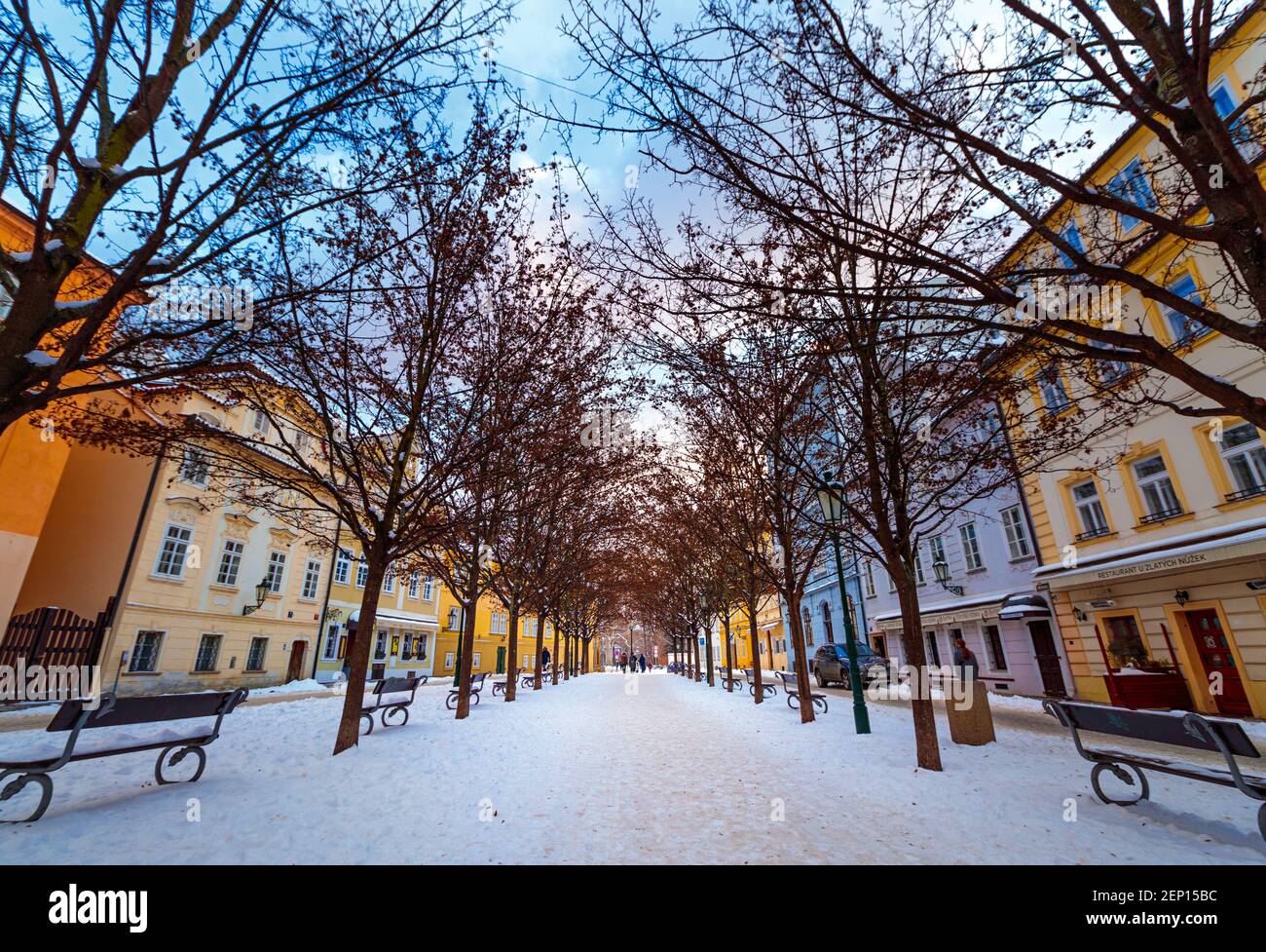 Na Kampe after snowfall, Prague, Czech republic Stock Photo