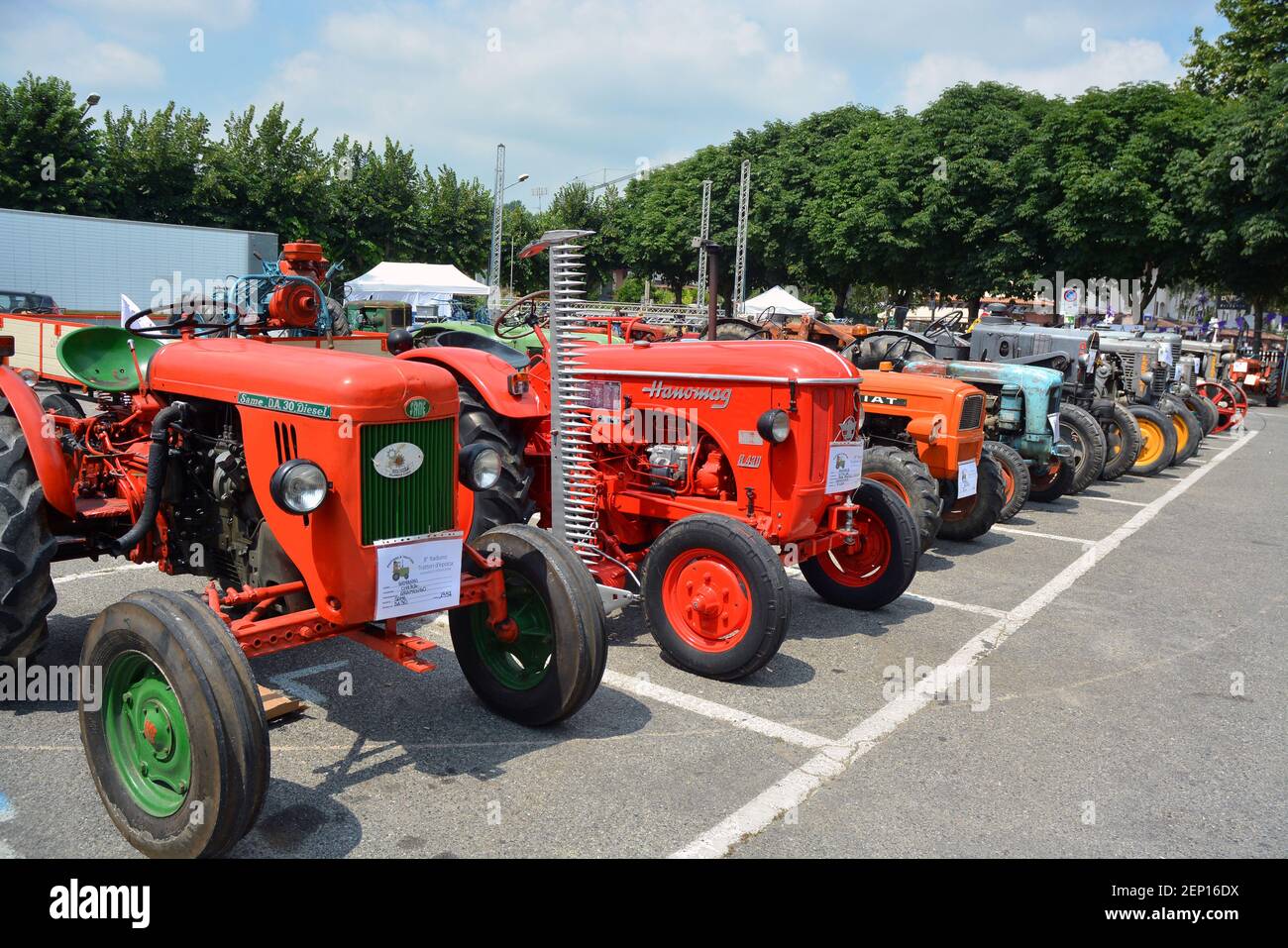 Castelnuovo don Bosco, Piedmont, Italy -07/01/2018 Exhibition of vintage tractors and machinery for agriculture Stock Photo