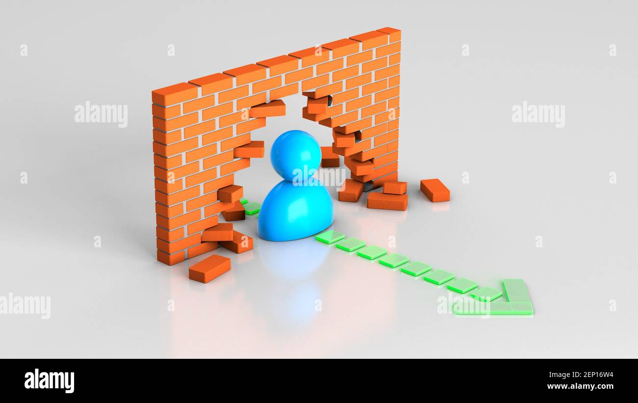 The path to the goal through obstacles. Businessman leader smashed brick wall on the way to target. 3d render. Stock Photo