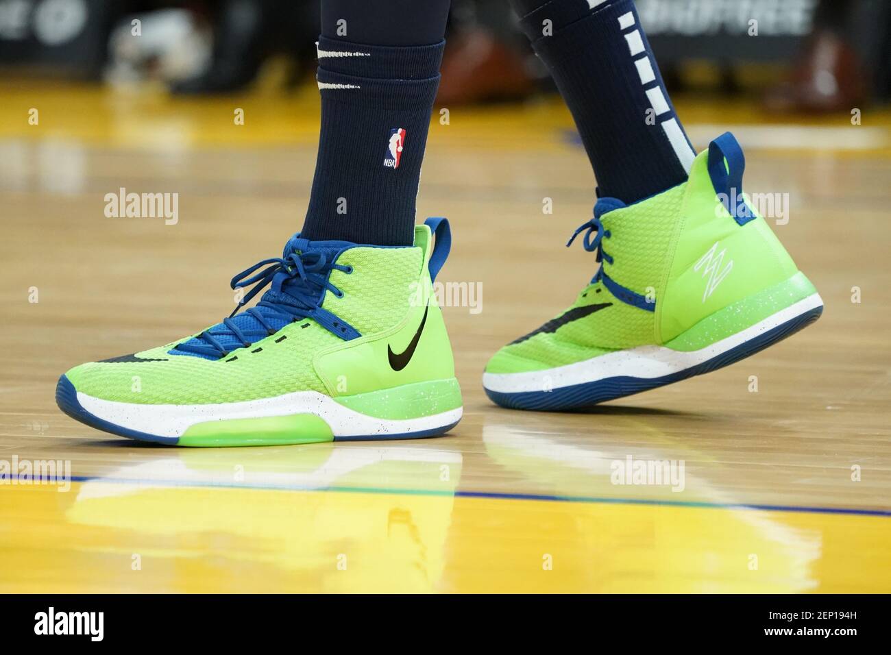 October 10, 2019; San Francisco, CA, USA; Detail view of the Nike shoes  worn by Minnesota Timberwolves center Karl-Anthony Towns (32) during the  first quarter against the Golden State Warriors at Chase