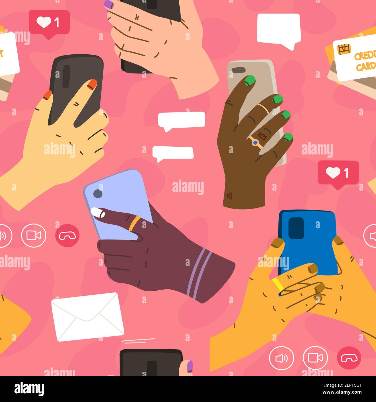 Vector seamless pattern phones in hands. Messages in messengers, social network, smartphone payments, e-mail. Hand drawn flat multicolor. Stock Vector