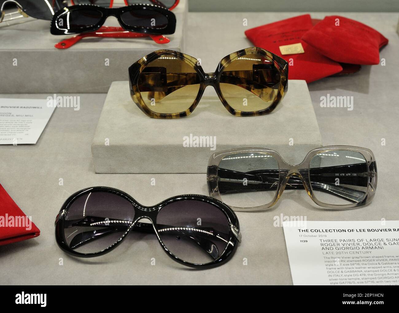 Roger Vivier, Dolce & Gabbana and Giorgio Armani sunglasses from the Lee  Radziwill collection on display at Christie's New York on October 11, 2019.  (Photo by Stephen Smith/SIPA USA Stock Photo - Alamy