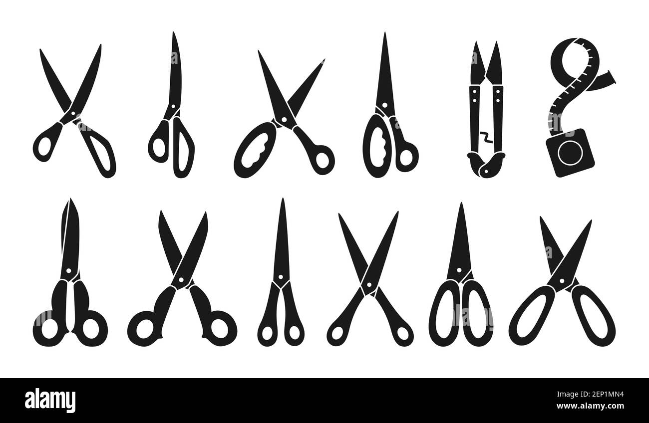 Scissor black glyph set. Professional pair, scissors cutting hair or